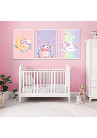 Besay Masal Dünyası Unicorn Çocuk Odası Posteri Dekoratif 3lü Set A4 Çerçevesiz
