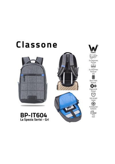 Classone BP-IT604 La Spezia Serisi Wtx Pro Su Geçirmez Kumaş 15.6 "Sırt Çantası-Gri