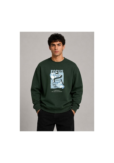 Herkesemoda Focus Baskı Detaylı Bisiklet Yaka Şardonlu 2 İplik Sweatshirt Yeşil