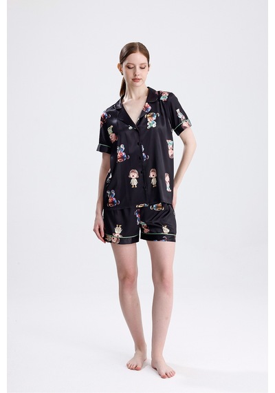 Kadın Kısa Kollu Şortlu Pijama Takımı Kız Bebek Desenli Yazlık Rahat Takım Çok Renkli