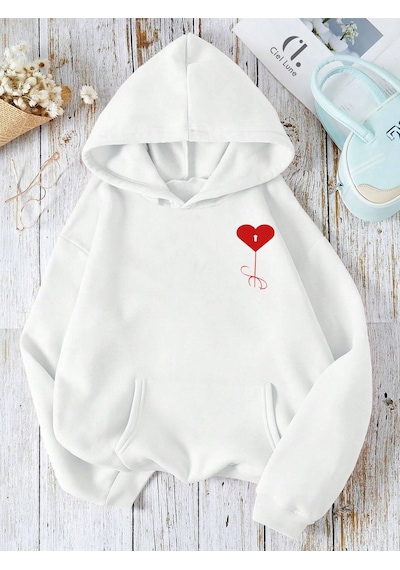 Nevermind Unisex Heart Oversize Baskılı Kapşonlu Sweatshirt 3 Ipl Beyaz
