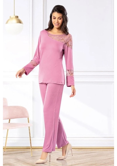 Faal 8617 Kadın Uzun Kollu Dantel Detaylı Pijama Takımı-gülkurusu GÜL KURUSU