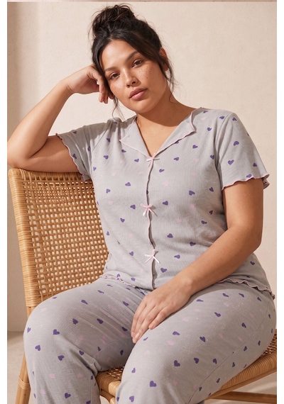 Siyah İnci Beden Fitilli Kaşkorse Örme Pijama Takım26120851 Gri