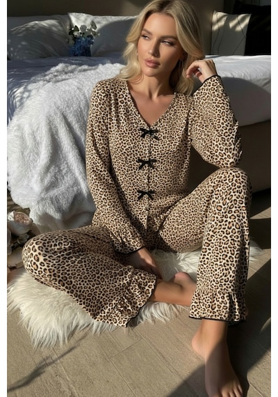 Epilons Zenviaatt2 Kadın Uzun Kollu Leopar Desenli Fiyonklu Ev Giyim Pijama Takımı Zenvi312
