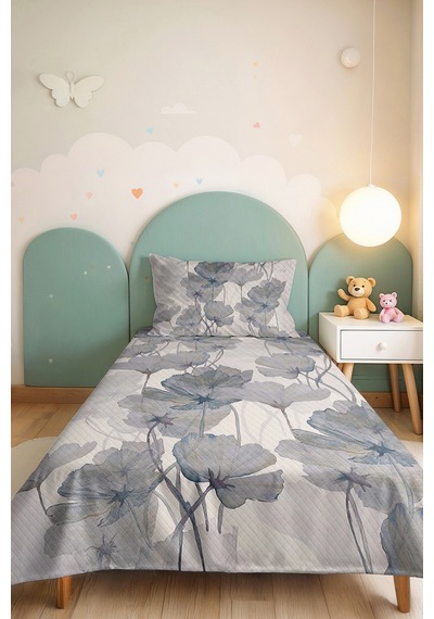 Mavi Çiçekli Modern Pike Takımı - Beyaz Gri Floral Tek Kişilik Kapitone Yatak Örtüsü 160x220 Cm Mercansı Güneş Derinliği