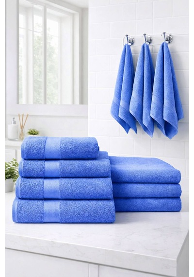 8 Parça %100 Pamuklu Aile Havlu Seti - 4 Adet 70x140 Cm & 4 Adet 50x90 Cm Deeper Mavi-mavi