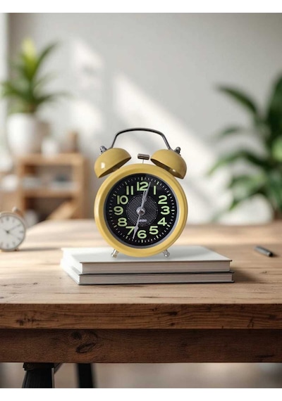 Metal Süper Yüksek Sesli Alarm Saati, Işıklı, Fosforlu, Gece Görünen Kadranlar, Sessiz Saniyeli Sarı