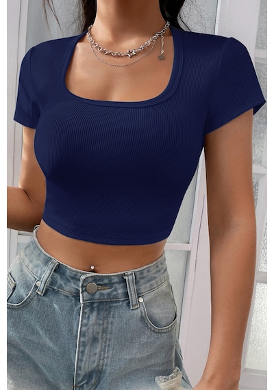 Angbutik Kadın Lacivert Yarım Kol Düz Yaka Crop Top Bluz