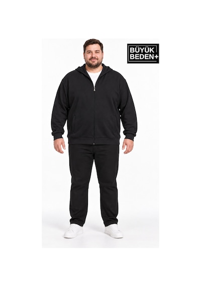 Süperlife Erkek Büyük Beden İki İplik Kapüşonlu Fermuarlı Cepli Sweatshirt Hırka Spr26bhr961 Siyah