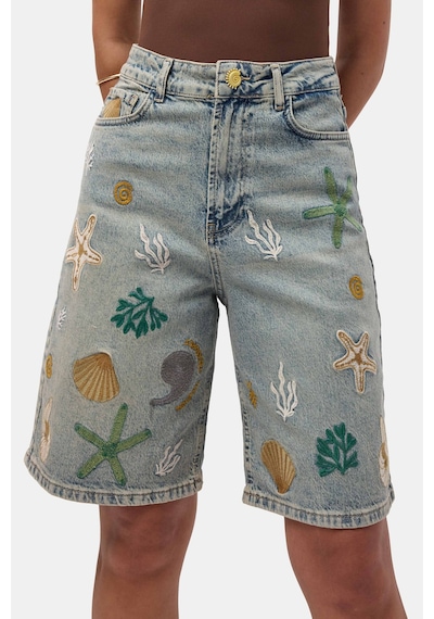 it's basic Kadın Kot Rengi 4s6-65 Nakışlı Özel Tasarım Bermuda Denim Şort Çok Renkli