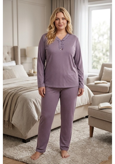 Eyfuze Kadın Büyük Beden Desenli Yakası Düğmeli Uzun Kollu Bambu Pijama Takımı Mürdüm