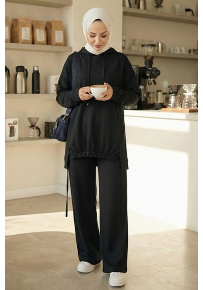 Bestenur Kapüşonlu Tunik Pantolon Takım 1682 - Siyah Siyah