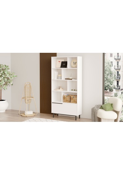 Robin Home Lidya Kitaplık Raf Metal Ayaklı 176cm Kapaklı Beyaz