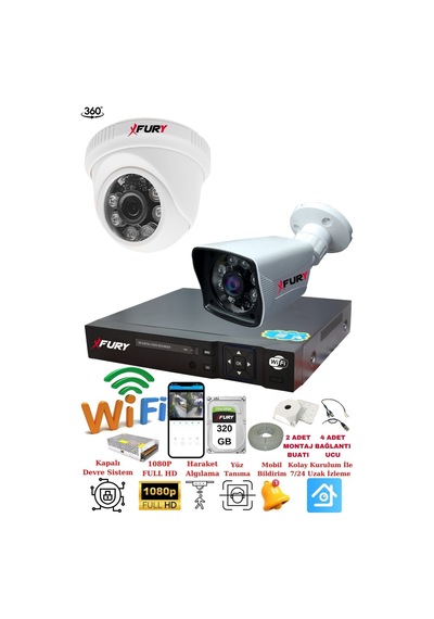 Fury 2 Kameralı 5mp 3.6mm Lens 2mp Görüntü 6 Atom Led Gece Görüşlü Fullhd Güvenlik Kamerası 5525di 320gb