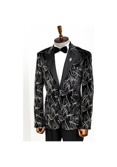 Wessi Slim Fit Simli Erkek Smokin Ceket - Siyah