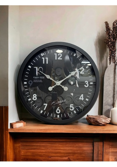 Siyah Metal Çerçeveli Atatürk Duvar Salon Ofis Saati Çap 60 Cm Siyah