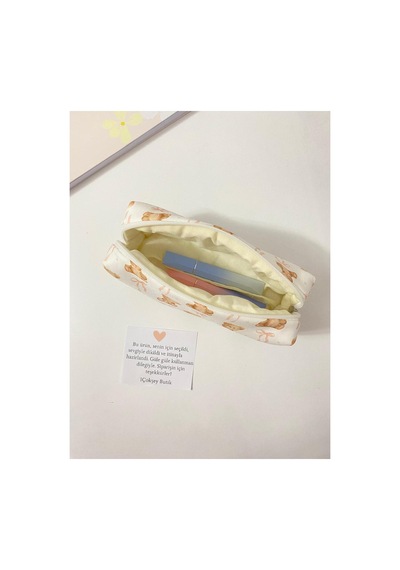 Ayıcık Desenli Kalemlik Pencil Case Teddy Bear Cute Kawaii Kalem Kutusu Soft Pouch Makeup Bag Bej Bej
