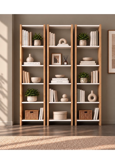 Nur Mobilya 3'lü Kitaplık Seti Arkalıksız Model Atlantik Çam - Beyaz