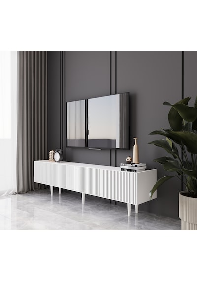 Capella Beyaz Country Mdf 4 Kapak Ahşap Ayaklı 180 Cm Tv Ünitesi
