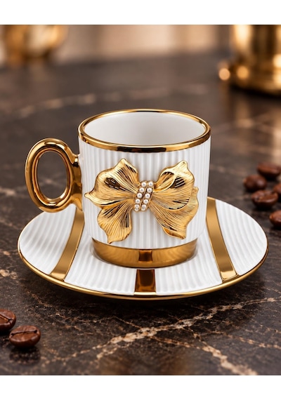 Valkyrie Petek Serisi 6 Kişilik 12 Parça Beyaz Gold Detaylı Türk Kahvesi Fincan Seti Porselen 90ml Beyaz Altın