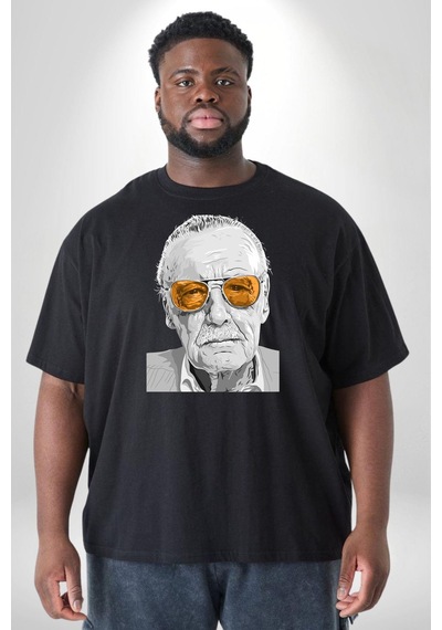 Angemiel Stan Lee Siyah Büyük Beden Erkek Kadın Unisex Basic Ön Baskılı Tişört Siyah