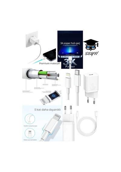 Type-c - Lightning İphone Şarj Aleti Adaptör Ve 1 Metre Kablo 20w 5v 3a Ac 110-240v