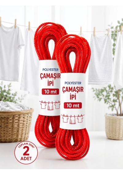 Beylini 2 Adet 10 Mt Polyester Çamaşır İpi Pvc Kaplama Sarkma Yapmaz Balkon Çamaşır Askılığı Çok Amaçlı Kurutma Kırmızı