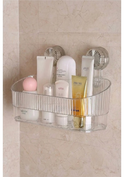 Beyaz Vakumlu Şampuanlık & Baharatlık Rafı Delmeden Montajlı Duş Rafı Organizer, Banyo Düzenleyici Şeffaf - Beyaz