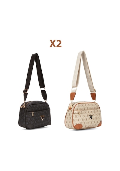 Newish Polo Kadın Monogram Desenli Uzun Askılı Çapraz Omuz Çantası 2 Adet - New361 Siyah - Krem