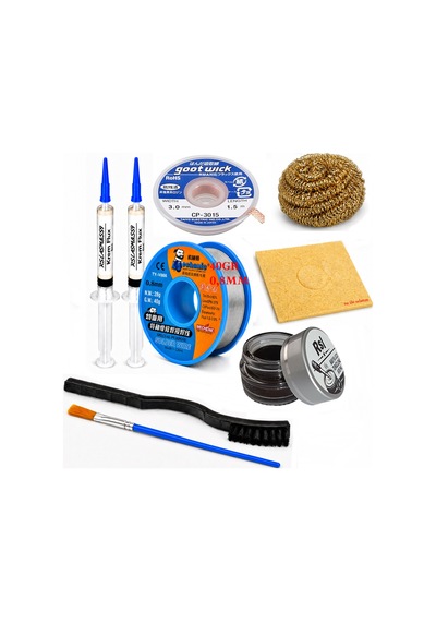 Lehimleme Seti 0,8 Mm 40 Gr Lehim Teli 2 Li Flux Cp-3015 Lehim Fitili Fırça Ve Havya Ucu Temizleme Seti St16