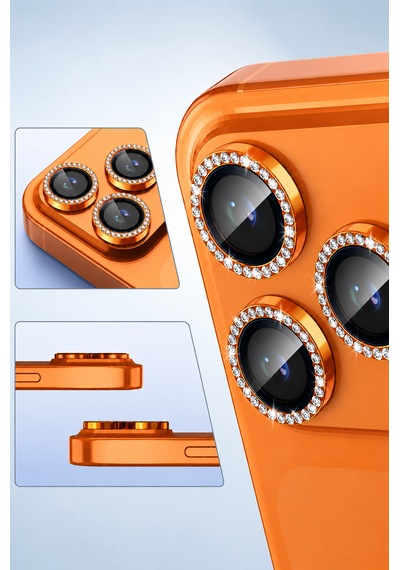 İphone 17 Pro / 17 Pro Max Uyumlu Taşlı Kamera Lens Koruyucu Kozmik Turuncu
