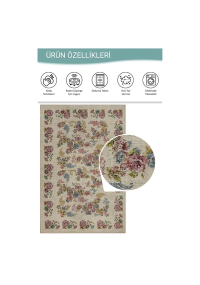 Artloop Florart Krem / Çok Renkli Vintage Dokulu Doğa Temalı Çiçekli Dokuma Tabanlı Şönil Halı Al 489