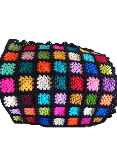 El Örgüsü Etnik Otantik Kare Motifli Siyah Koltuk Şalı 100 Cm X 100 Cm Siyah - Çok Renkli