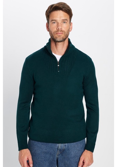 Tudors Erkek Slim Fit Dar Kesim Armürlü Fermuarlı Yeşil Dik Yaka Kazak-31397