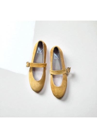 Ne&ve Shoes Hardal Süet Hakiki Deri Yuvarlak Burunlu Tokalı Kadın Babet