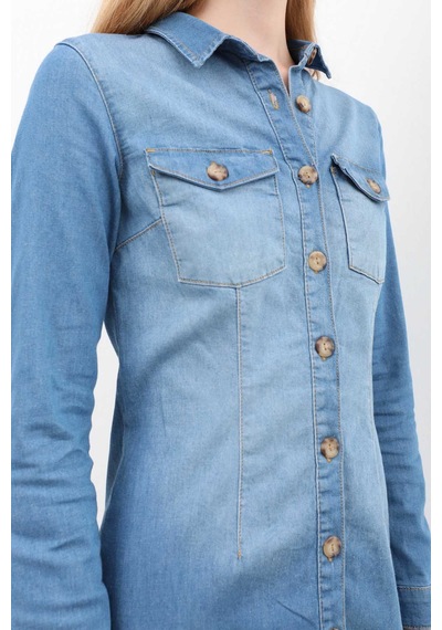 Blue White Kadın Uzun Kollu Düğmeli Jean Elbise Açık Mavi 001 Açık Mavi S
