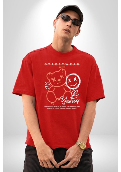 Yükseliş İçin Kendin Ol Pamuklu Bisiklet Yaka Unisex Oversize Boyfriend Dijital Baskılı Kırmızı T-shirt Kırmızı