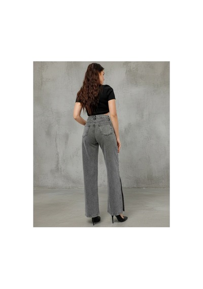 Kene Jeans Yüksek Bel Yan Fermuar Detaylı Kar Siyah Bol Paça Jean Kar Siyah