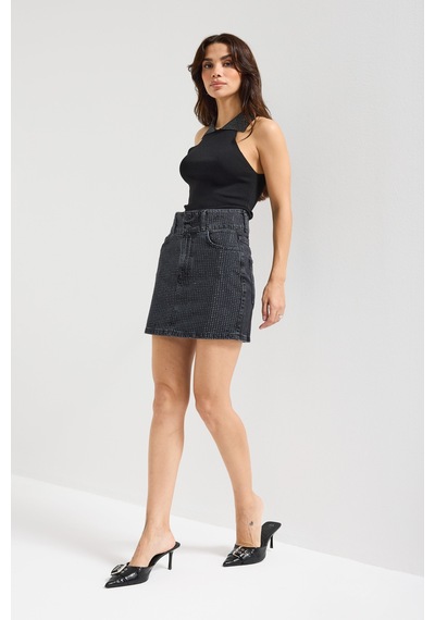 Kadın Koyu Füme Renk 1w5-1 Straight Fit Parlak Taşlı %100 Koton Tasarım Mini Denim Etek