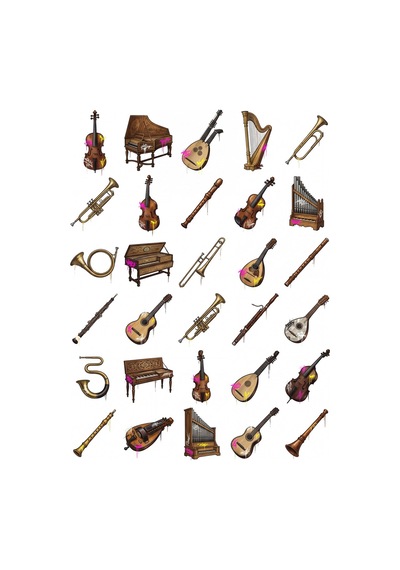 30 Adet Barok Müzik Aletleri Sticker Seti - Laptop, Defter Ve Kılıf İçin Çok Renkli