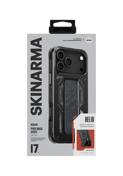 Apple Uyumlu iPhone 17 Pro Max Kılıf M-safe Teknoloji Desenli Skinarma Helio Mag Charge Standlı Kapak Füme Füme