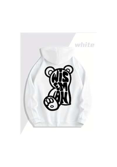 Nevermind Wisem Bear Baskılı Hoodie Trend Sevgili Kombini Oversize 3 İpli Beyaz