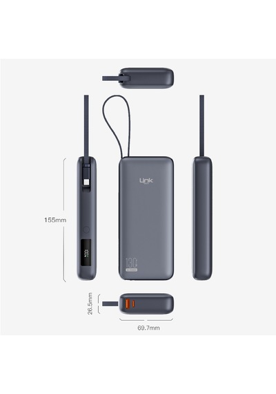 P131 Premium 130w Dijital Ekranlı Dahili Type-c Kablolu 20000 Mah Füme