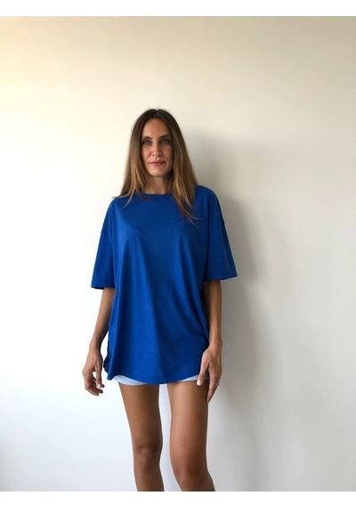 Unisex Saks Mavisi Pamuklu Oversize T-shirt - Bisiklet Yaka Saks Mavi