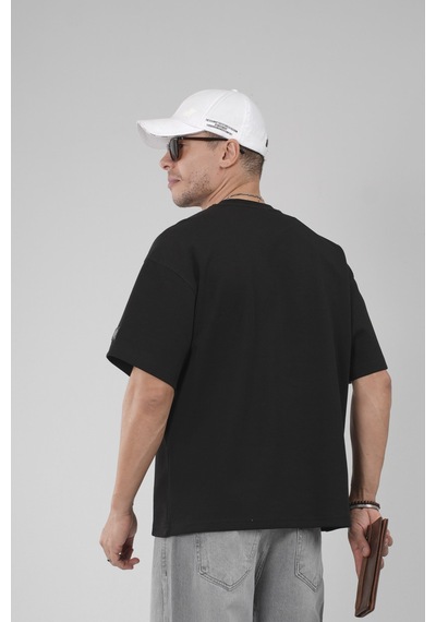 King-Brich Bisiklet Yaka Taşlı Logo Detaylı Oversize Kalıp Erkek Tişört Siyah