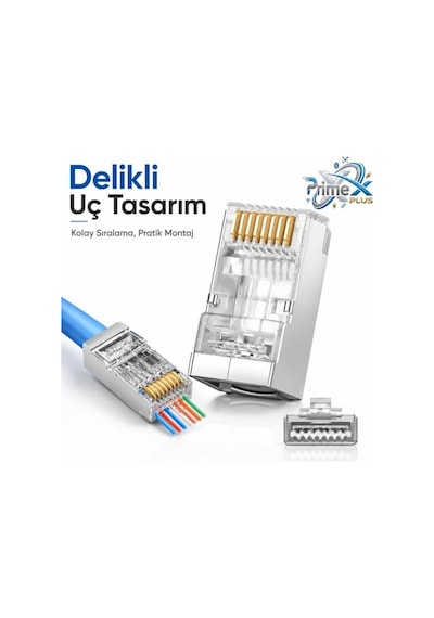 Primex Px-660m6 Cat6 Metal Rj45 Jack Utp Konnektör, 100 Lü Paket Yeni Nesil Ethernet Ağ Kablosu Ucu, Metal Gövdeli Cat6 Rj45 Plug, Network Lan İnternet Kablosu Sonlandırma Konnektörü