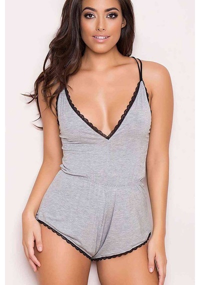 Merry See Gri Dantel İşlemeli Birleşik Şortlu Pijama