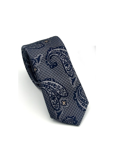 Gaffy Gri Şal Desenli Lacivert Dokuma Kumaş Mendilli Slim Fit Kravat // Sdk-2606-3 Gri