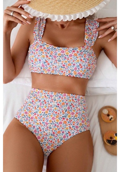 Bella Notte Minimalist Çiçek Desenli Kaplı Yüksek Bel Bikini Takımı Çok Renkli