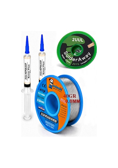 Lehimleme Seti 0,8 Mm 40 G Lehim Teli + 2uul 2,0 Mm 1,5 M Lehim Sökme Fitili Ve Krem Flux Seti Tk32